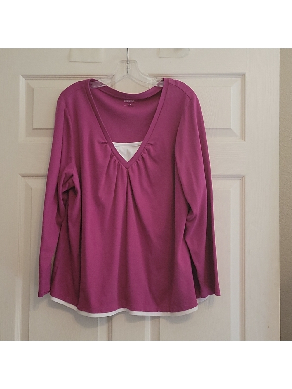Essentials Women's Long Sleeve Pink V-Neck Blouse Size 2X Layered Look